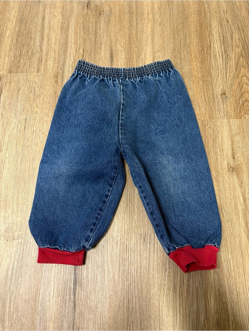 Vintage 90s Baby Denim Jogger Pants 18M Red Cuff Elastic Waist Made Philippines